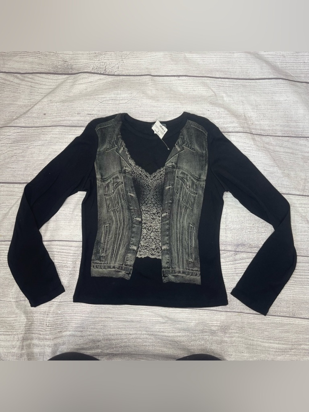 Takout Women’s XL Y2K Black Faux Denim Jacket Lace Graphic Long Sleeve
